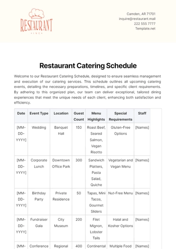 Free Restaurant Catering Schedule Template to Edit Online