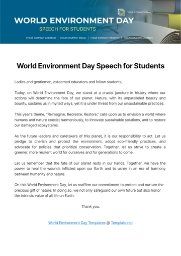 Free World Environment Day Speech for Students Template to Edit Online