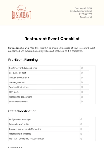 Free Restaurant Event Checklist Template to Edit Online