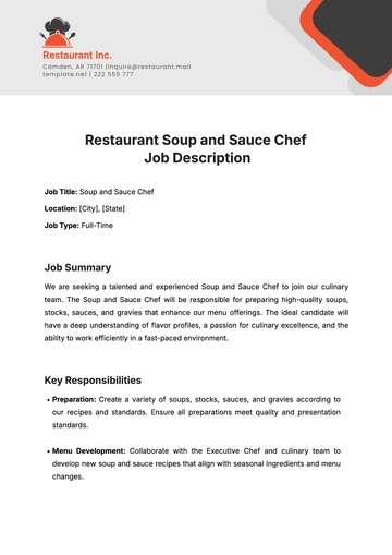 Free Restaurant Soup and Sauce Chef Job Description Template to Edit Online