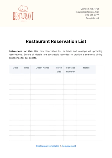 Free Restaurant Reservation List Template