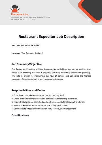 Free Restaurant Expeditor Job Description Template to Edit Online