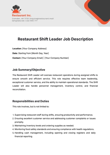 Free Restaurant Shift Leader Job Description Template to Edit Online