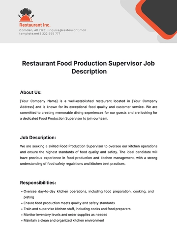 Free Restaurant Food Production Supervisor Job Description Template to Edit Online