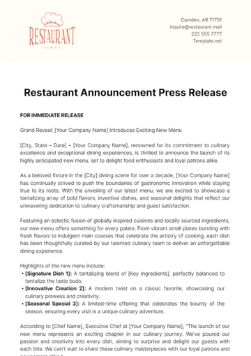 Free Restaurant Announcement Press Release Template to Edit Online
