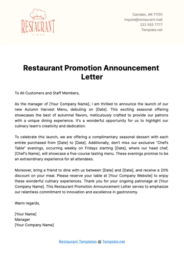 Free Restaurant Promotion Announcement Letter Template to Edit Online