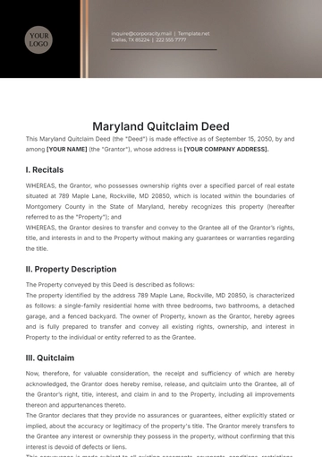 Free Maryland Quitclaim Deed Template to Edit Online
