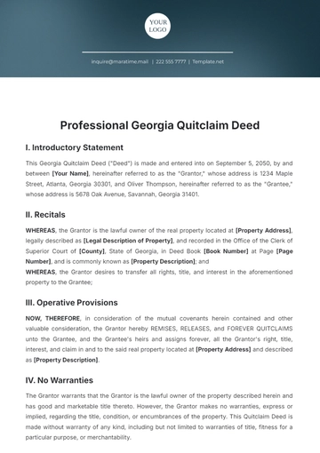 Free Professional Georgia Quitclaim Deed Template to Edit Online