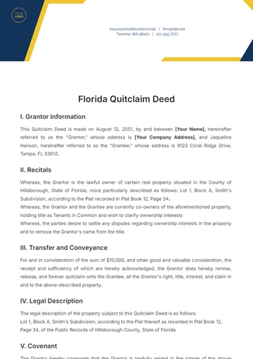 Free Sample Florida Quitclaim Deed Template to Edit Online