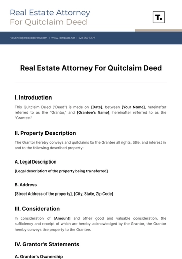 Free Real Estate Attorney For Quitclaim Deed Template to Edit Online