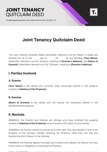 Free Joint Tenancy Quitclaim Deed Template to Edit Online