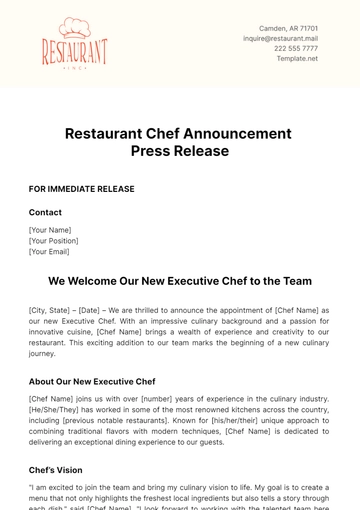 Free Restaurant Chef Announcement Press Release Template to Edit Online