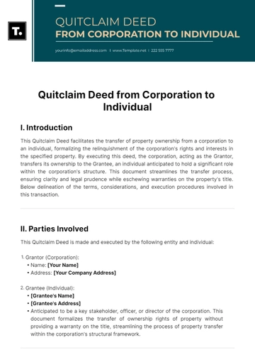 Free Quitclaim Deed From Corporation To Individual Template to Edit Online