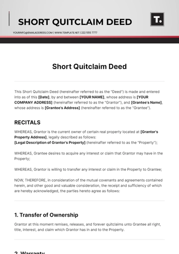 Free Short Quitclaim Deed Template to Edit Online