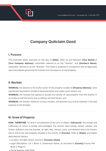 Free Company Quitclaim Deed Template to Edit Online
