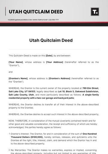 Free Utah Quitclaim Deed Template to Edit Online