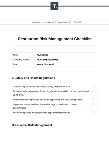 Free Restaurant Risk Management Checklist Template to Edit Online