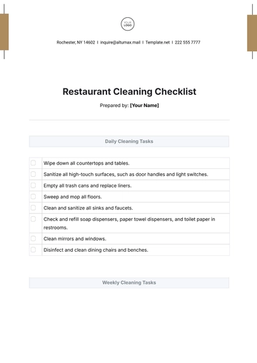 Free Restaurant Cleaning Checklist Template to Edit Online