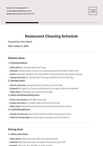 Free Restaurant Cleaning Schedule Template to Edit Online