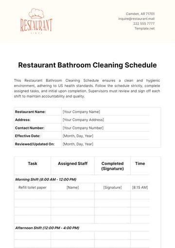Free Restaurant Bathroom Cleaning Schedule Template to Edit Online