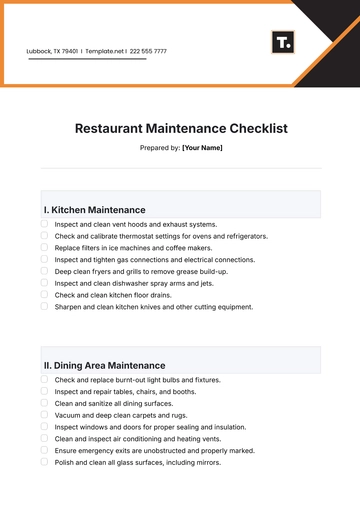 Free Restaurant Maintenance Checklist Template to Edit Online