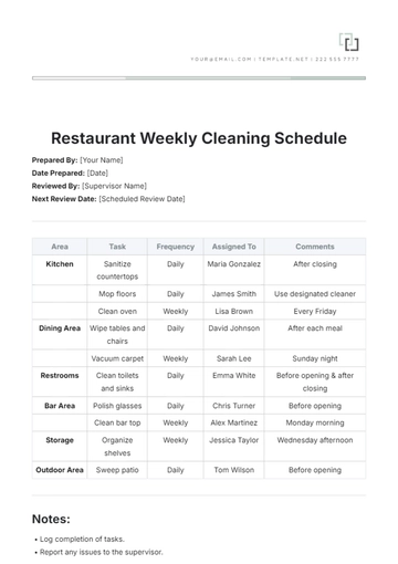 Free Restaurant Weekly Cleaning Schedule Template to Edit Online