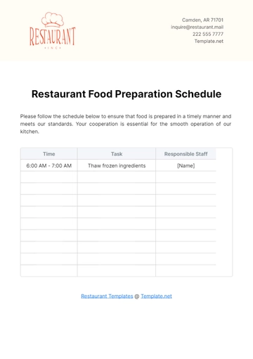 Free Restaurant Food Preparation Schedule Template to Edit Online