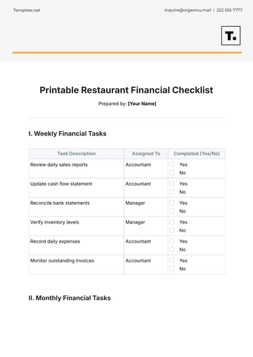 Free Printable Restaurant Financial Checklist Template to Edit Online