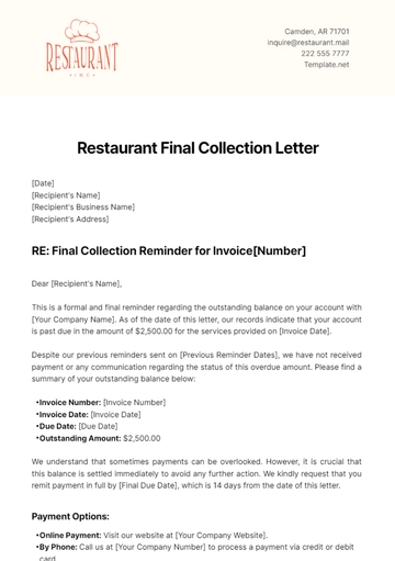 Free Restaurant Final Collection Letter Template to Edit Online