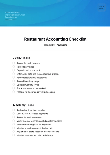 Free Restaurant Accounting Checklist Template to Edit Online