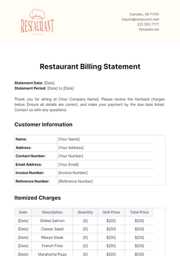 Free Restaurant Billing Statement Template to Edit Online