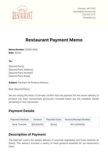 Free Restaurant Payment Memo Template to Edit Online