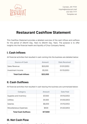 Free Restaurant Cashflow Statement Template to Edit Online