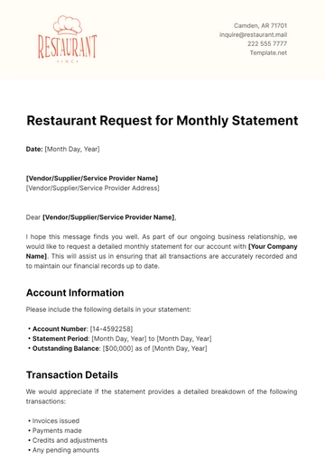 Free Restaurant Request for Monthly Statement Template to Edit Online