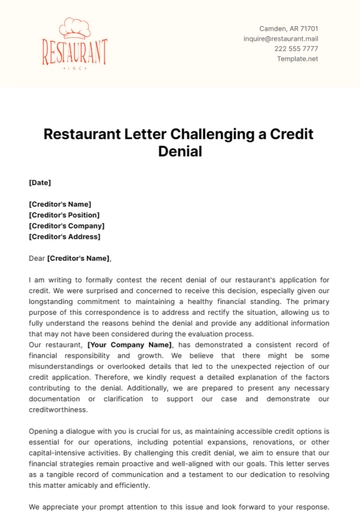 Free Restaurant Letter Challenging a Credit Denial Template to Edit Online