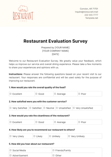Free Restaurant Evaluation Survey Template to Edit Online