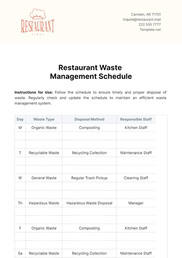 Free Restaurant Waste Management Schedule Template to Edit Online