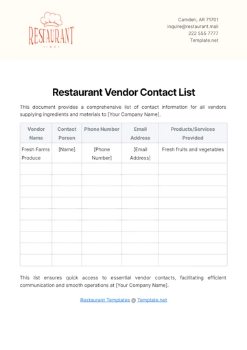 Free Restaurant Vendor Contact List Template