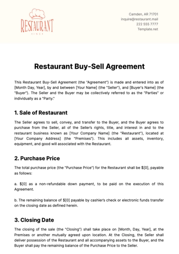 Free Restaurant Buy-Sell Agreement Template to Edit Online
