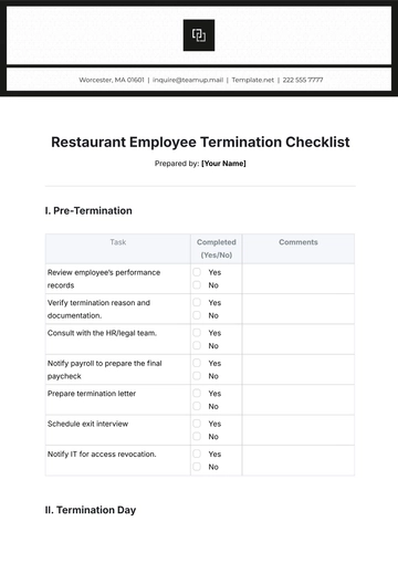 Free Restaurant Employee Termination Checklist Template to Edit Online