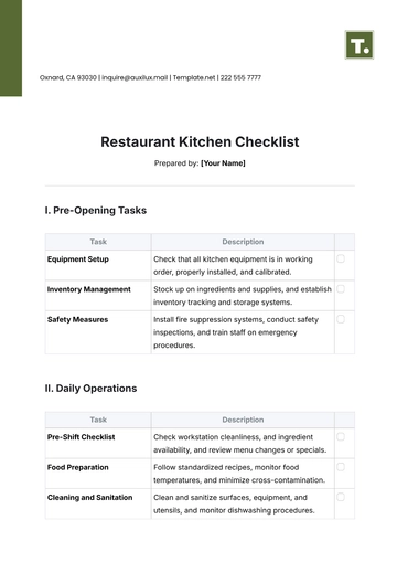 Free Restaurant Kitchen Checklist Template to Edit Online