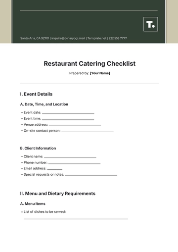 Free Restaurant Catering Checklist Format Template to Edit Online