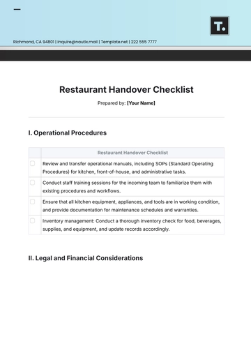 Free Restaurant Handover Checklist Template to Edit Online