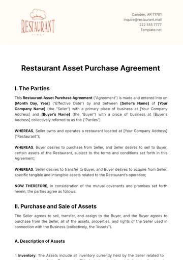 Free Restaurant Asset Purchase Agreement Template to Edit Online