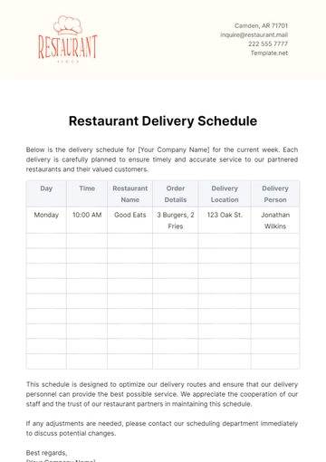 Free Restaurant Delivery Schedule Template to Edit Online