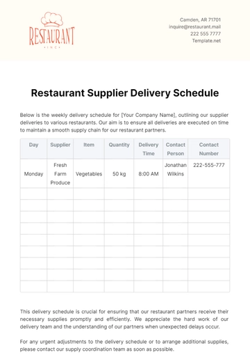 Free Restaurant Supplier Delivery Schedule Template to Edit Online