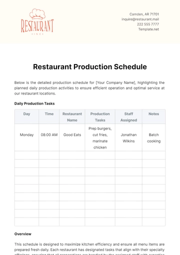 Free Restaurant Production Schedule Template to Edit Online