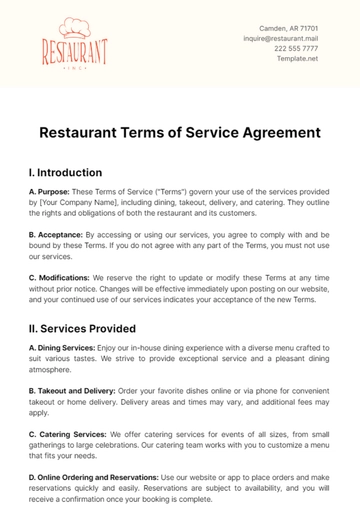 Free Restaurant Terms of Service Agreement Template to Edit Online