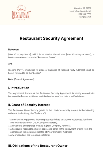 Free Restaurant Security Agreement Template to Edit Online