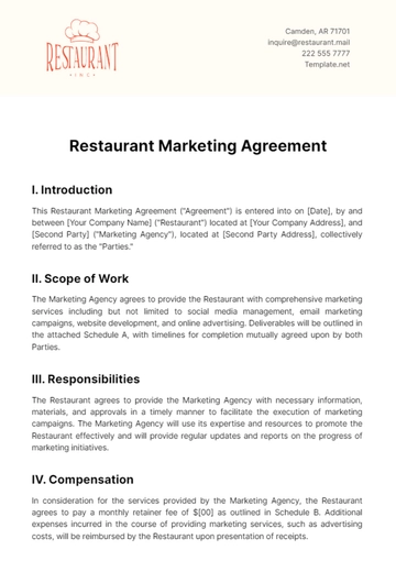Free Restaurant Marketing Agreement Template to Edit Online